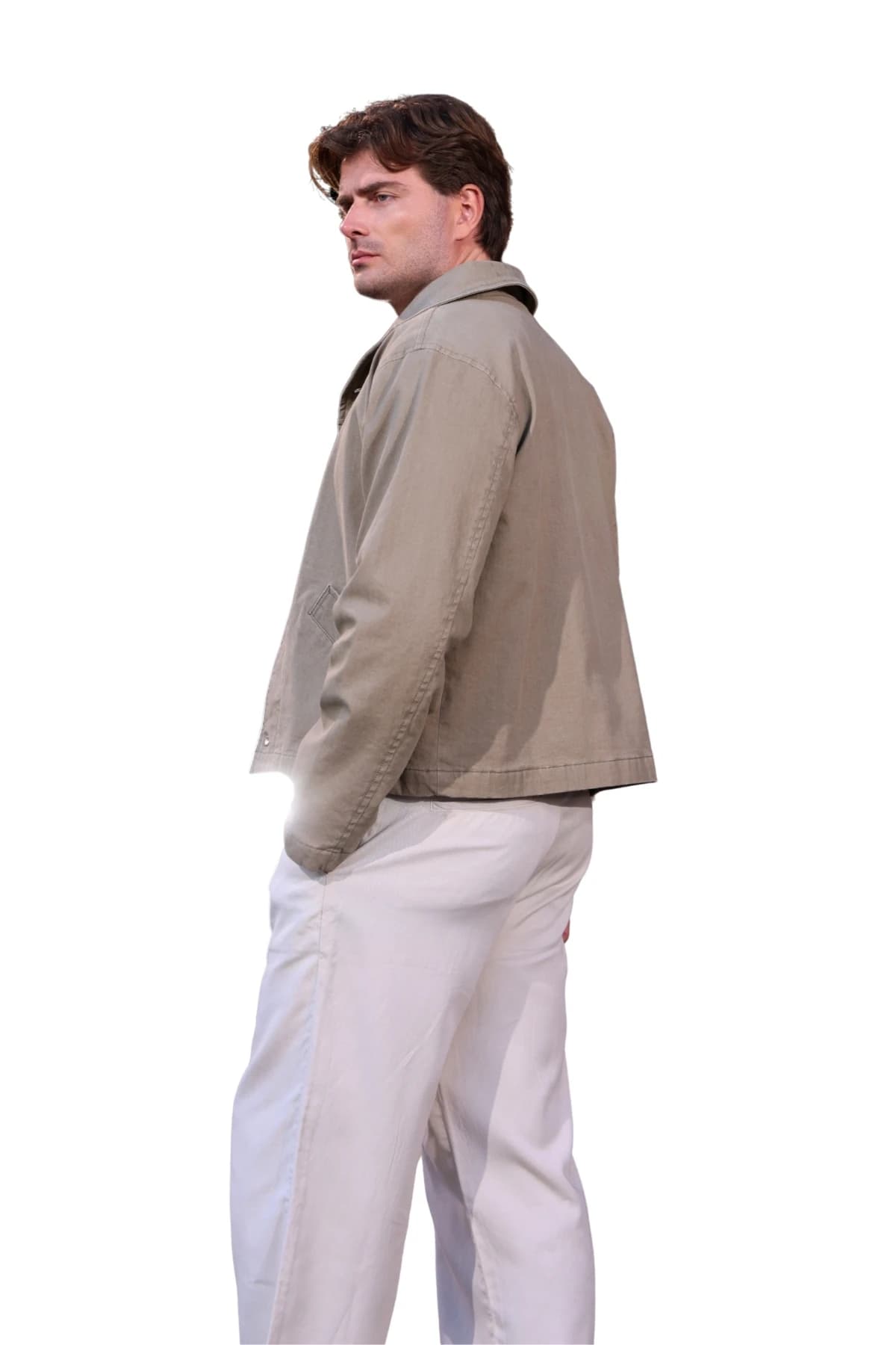 Denim Moon men's stone wide straight-leg woven trousers with a relaxed cut, three-quarter back view on model.