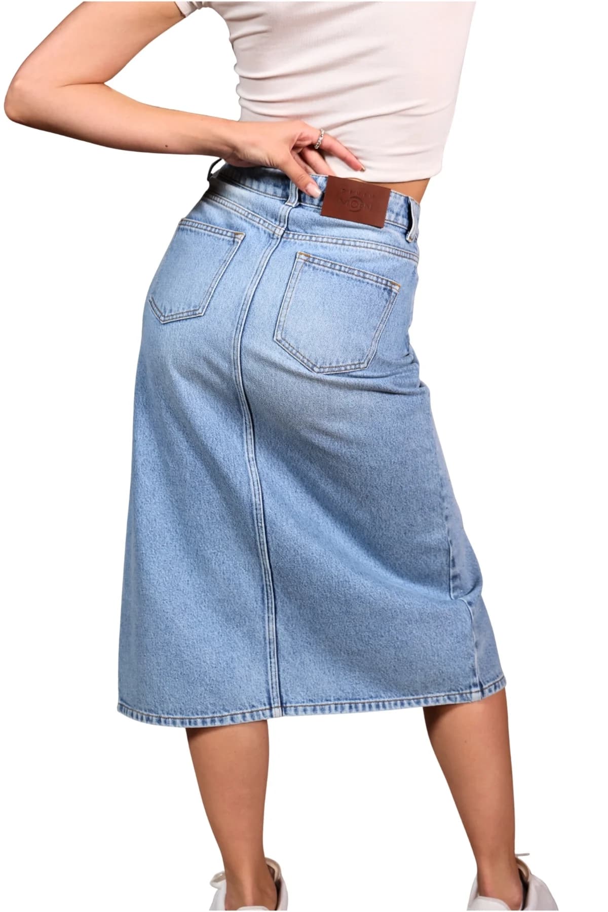 Denim Moon women's light blue midi denim skirt, back close-up of pockets and waistband label.