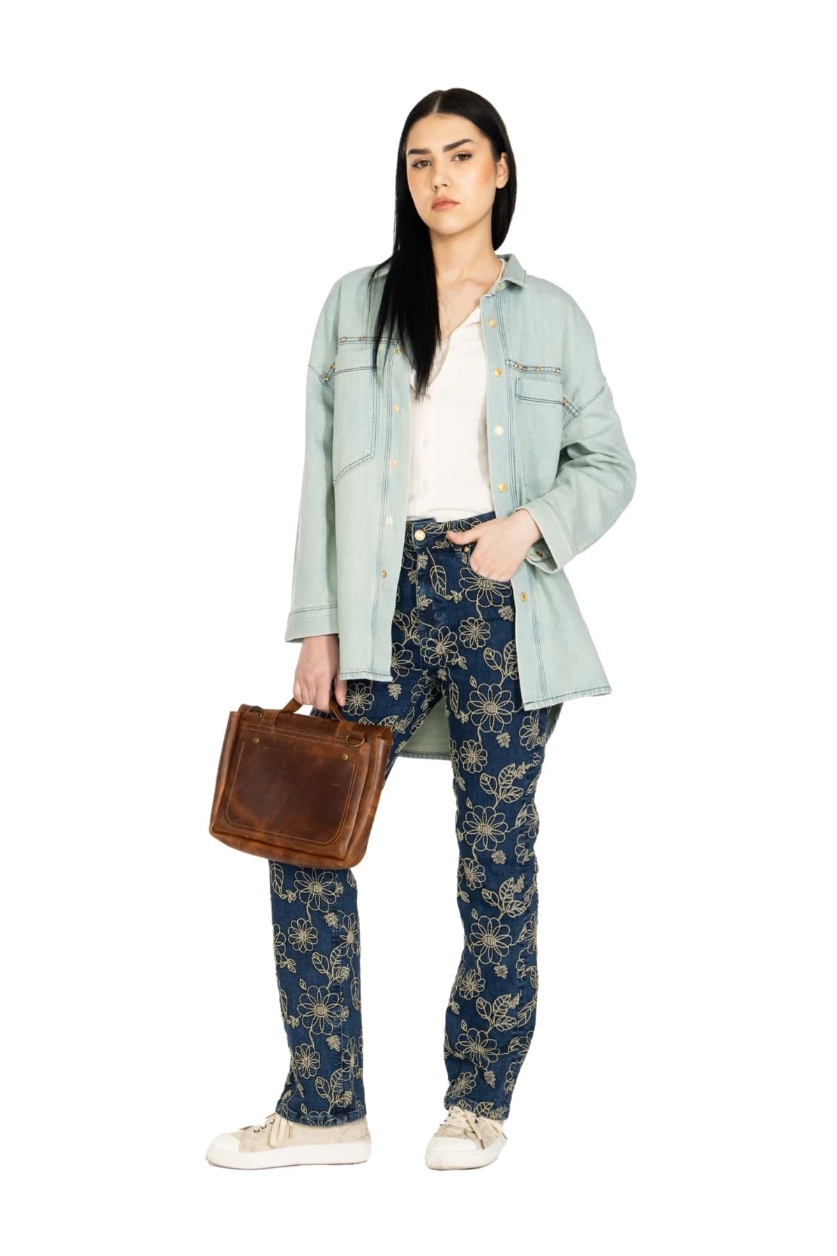 Denim Moon women's ice blue oversized denim shirt with dropped shoulders and metal snap front, full-length front view on model.
