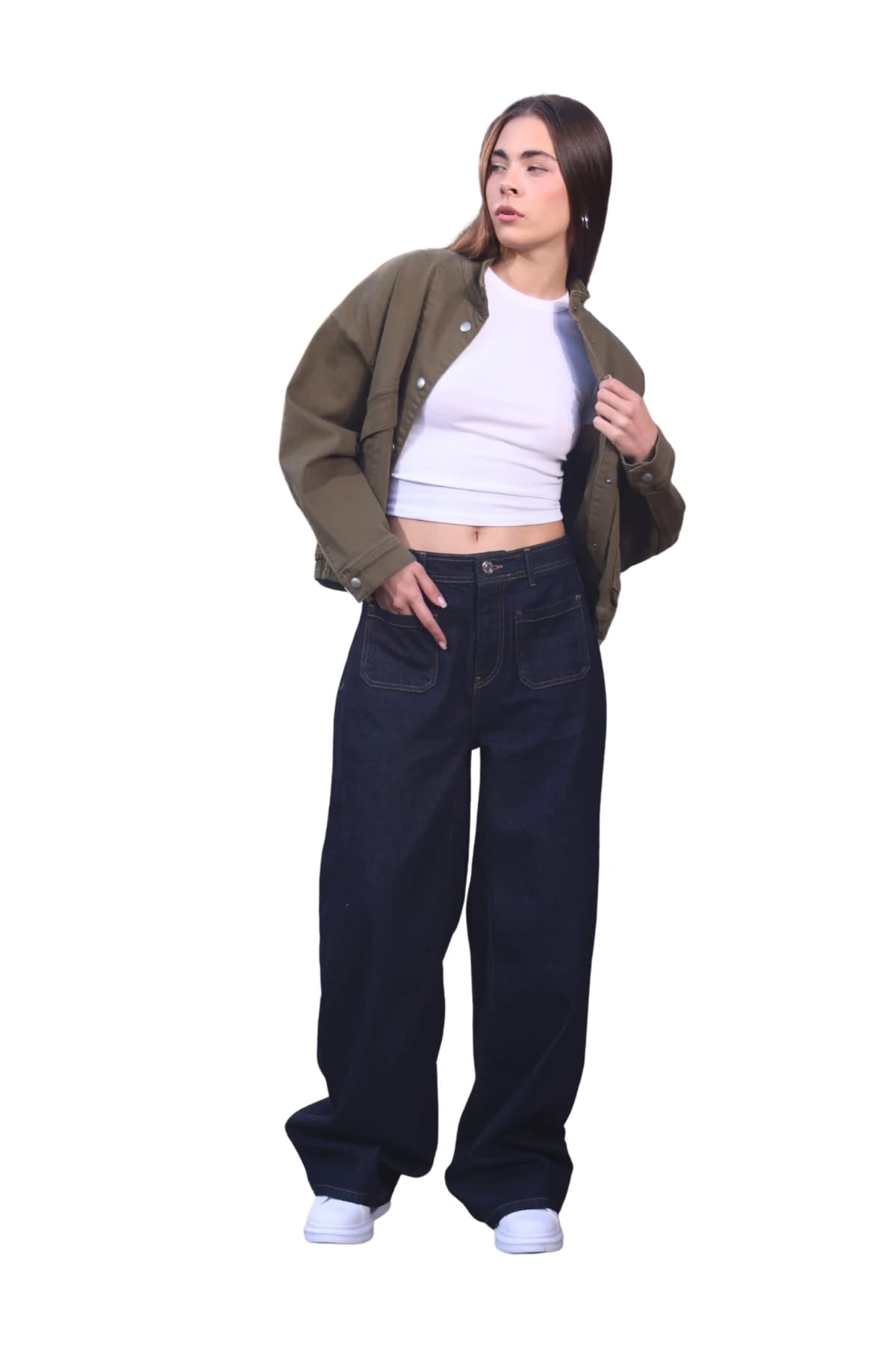 Denim Moon kadın koyu lacivert geniş paça denim pantolon, yüksek bel ve ön yama cepleriyle modelde önden tam boy görünüm.