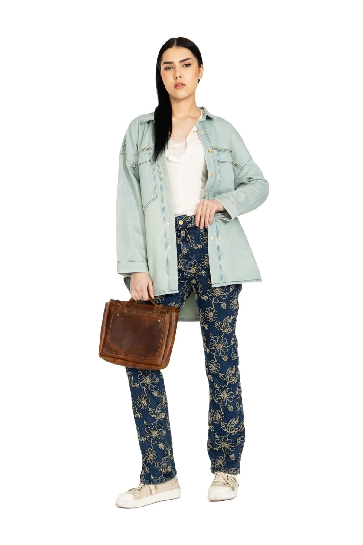 Denim Moon women's ice blue oversized denim shirt with rhinestone pocket flaps, full-length front view on model.