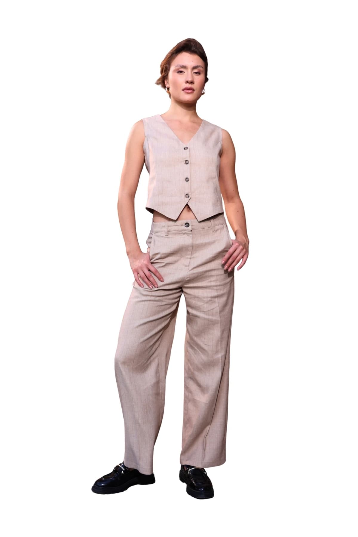 Denim Moon women's beige woven vest with V-neck and button front, full-length front view on model.