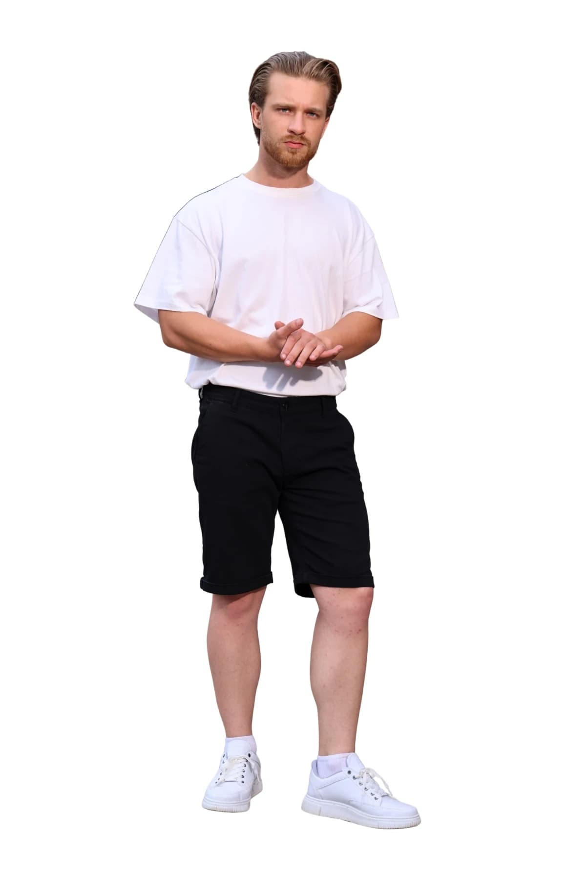 Denim Moon men's black woven chino shorts with a straight cut, angled front view on model.