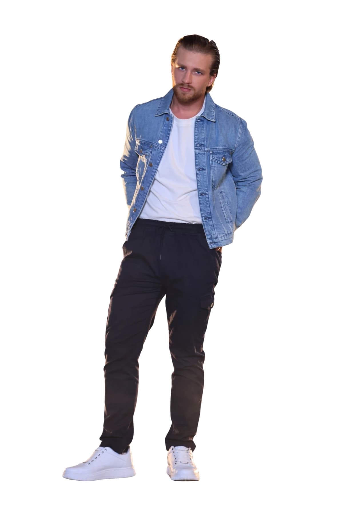 Denim Moon men's light blue denim jacket worn open over a white T-shirt, angled front view on model.
