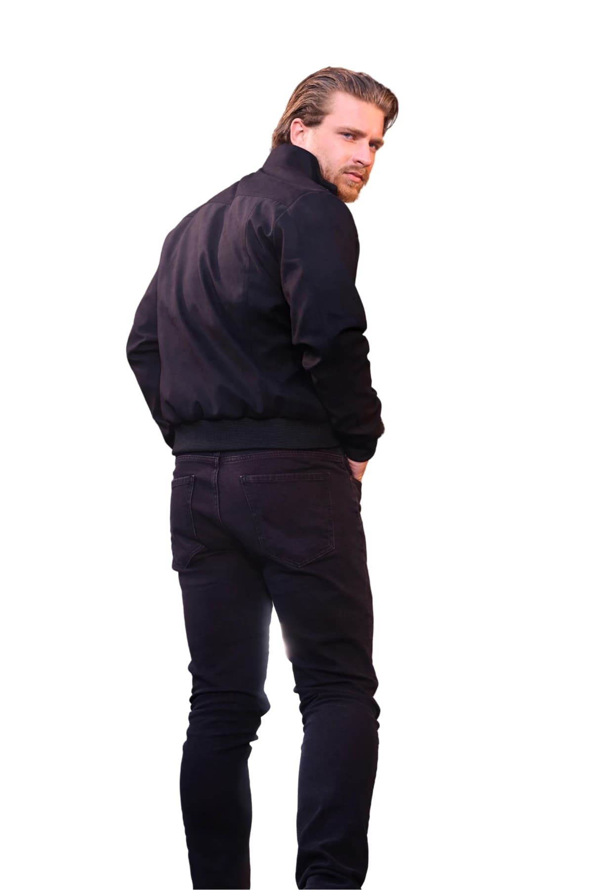 Denim Moon erkek siyah dokuma ceket, ribanalı bel bandı ve sırt robasıyla modelde arkadan görünüm.