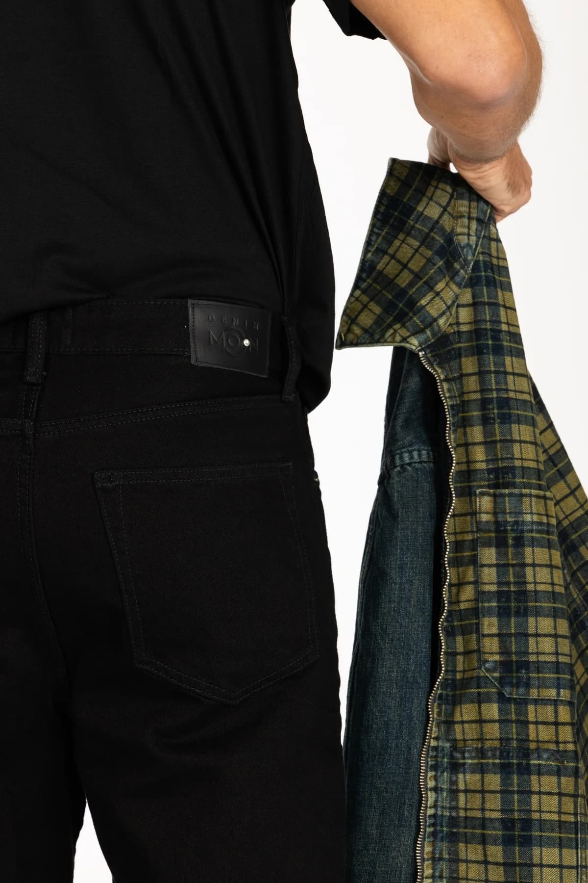 Denim Moon men's green-navy plaid woven jacket, close-up of zip and denim lining detail.