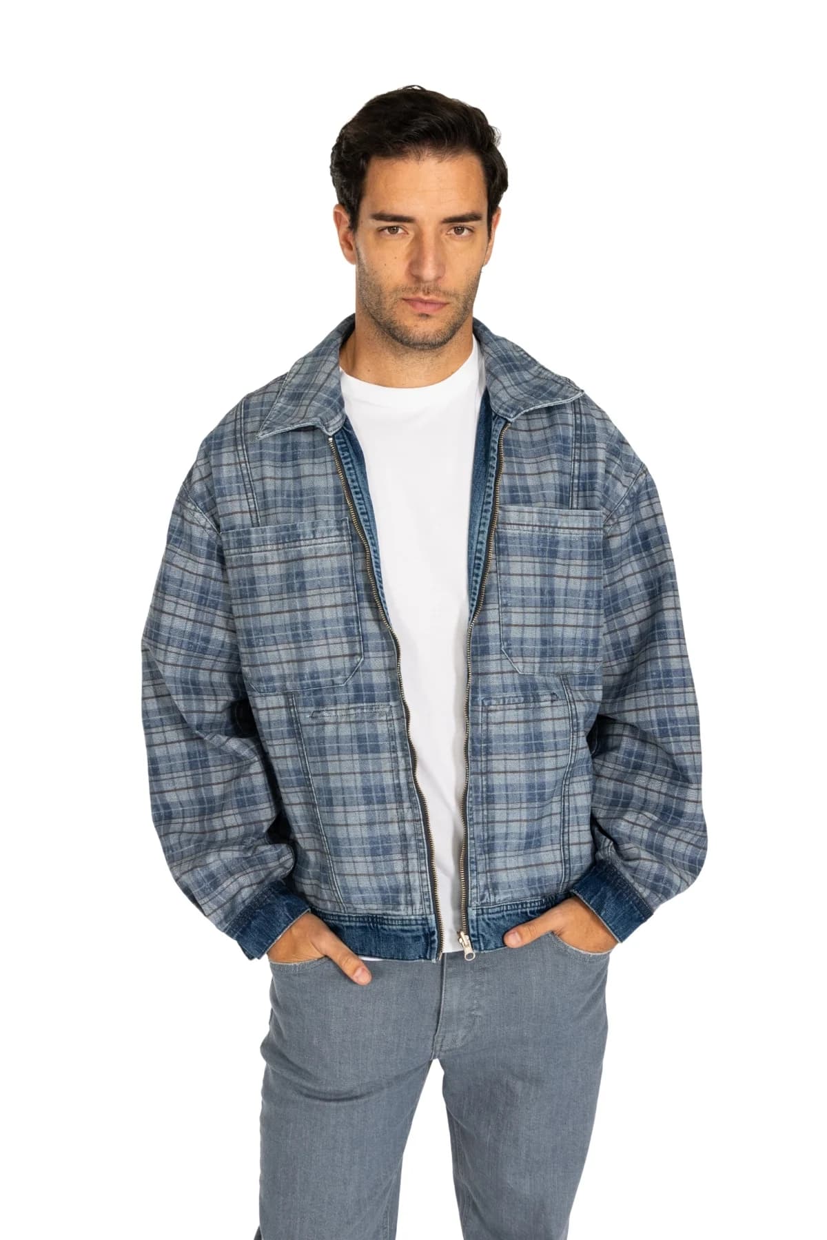 Denim Moon men's blue plaid denim jacket with chest pocket and zip detail, close-up front view on model.