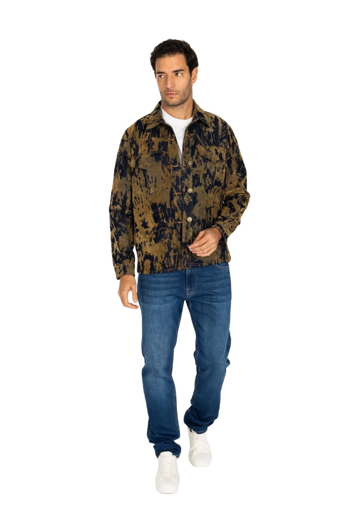 Denim Moon men's navy and khaki patterned denim shirt with two chest pockets and a button front, front view on model.