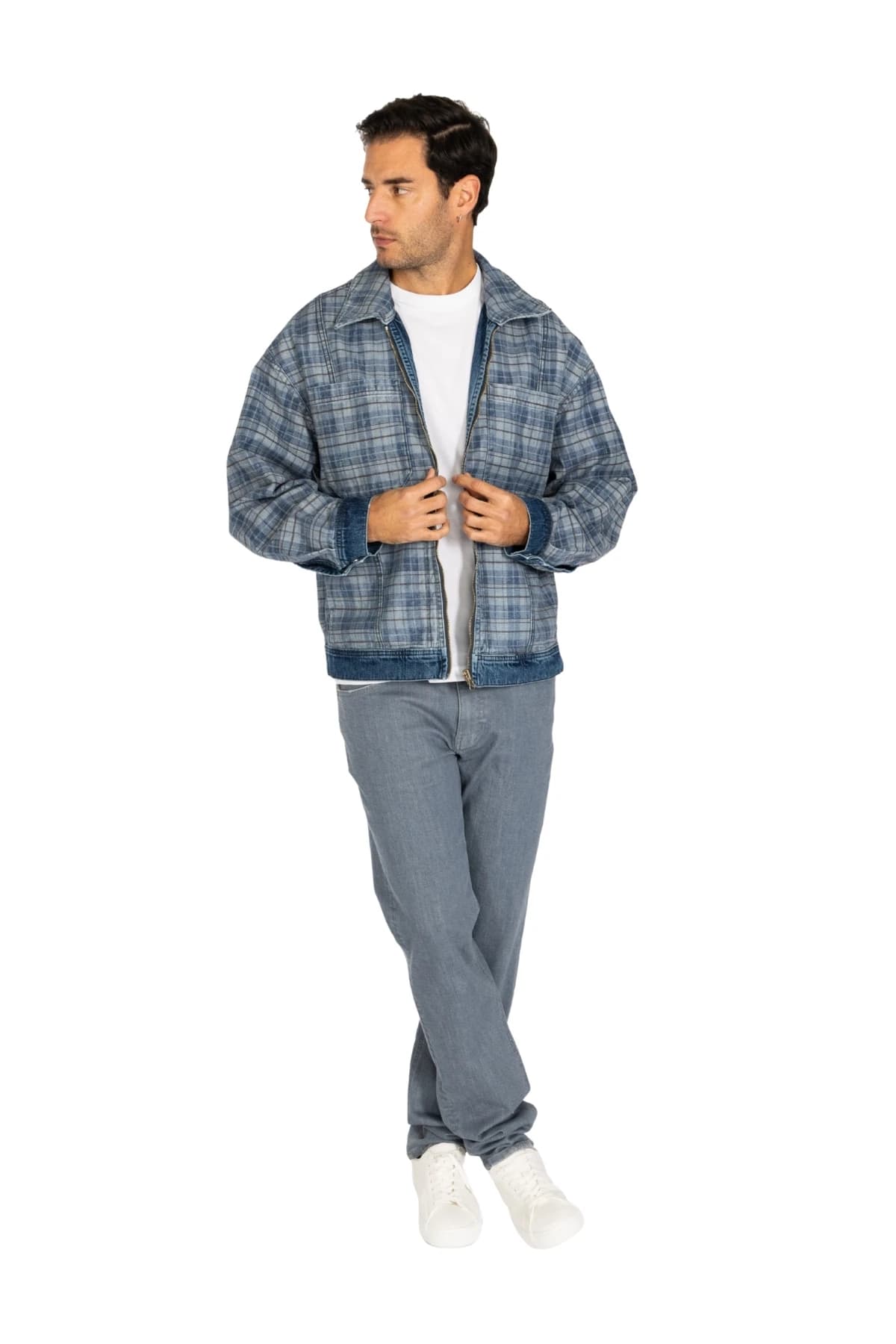 Denim Moon erkek mavi ekose desenli denim ceket, oversize kesim ve denim bel bandı, modelde önden görünüm.