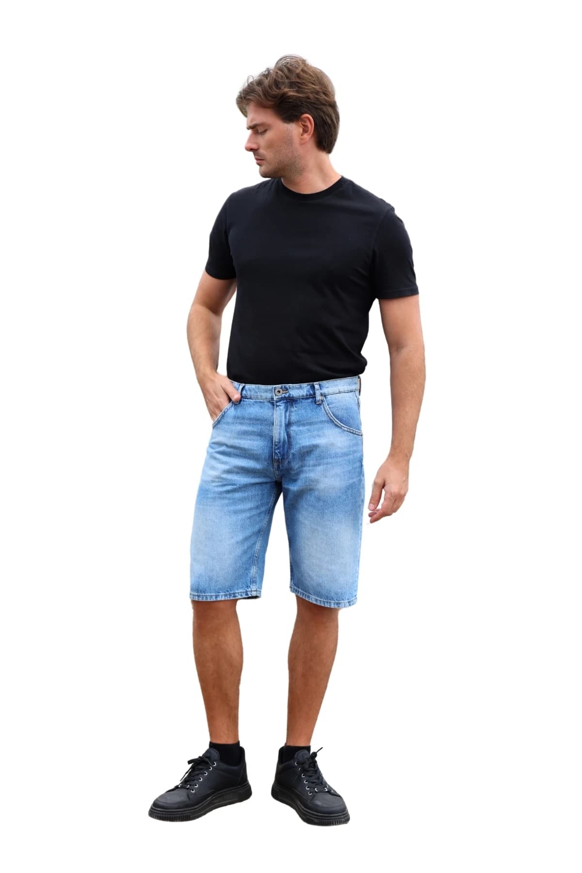 Denim Moon men's light blue washed denim shorts with a straight cut and stone wash, angled front view on model.