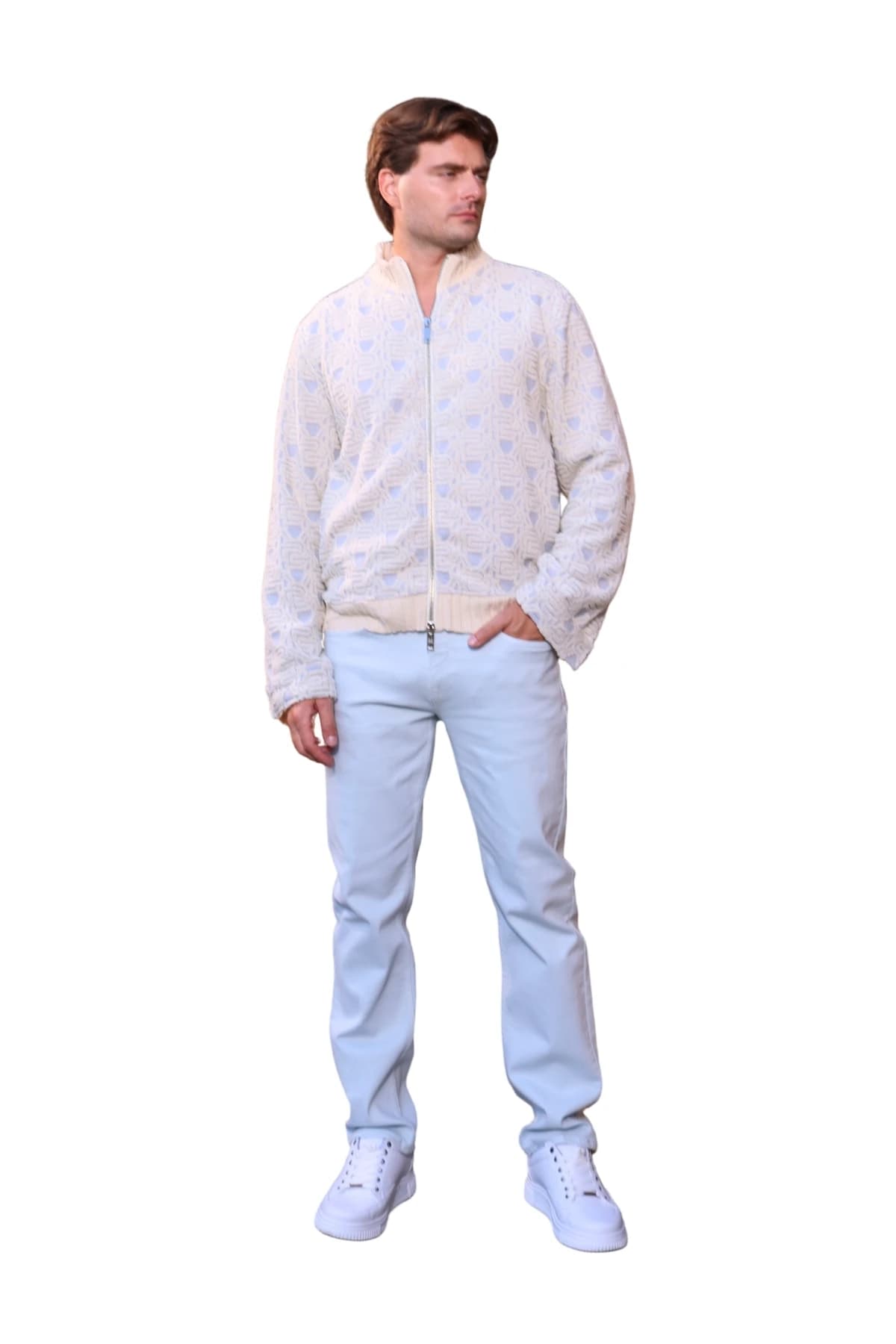 Denim Moon men's cream patterned woven jacket with stand collar and zip front, full-length front view on model.