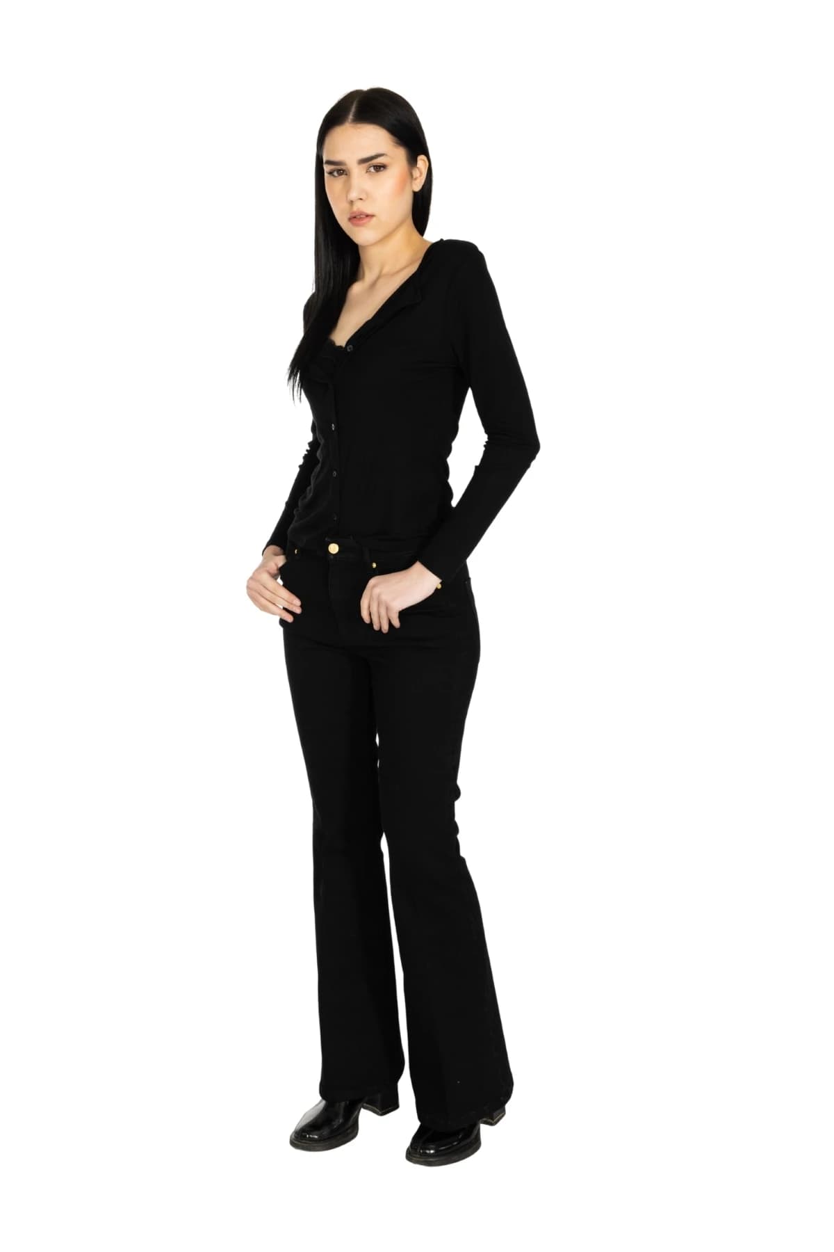 Denim Moon women's black flared denim trousers with high waist, full-length front view on model.