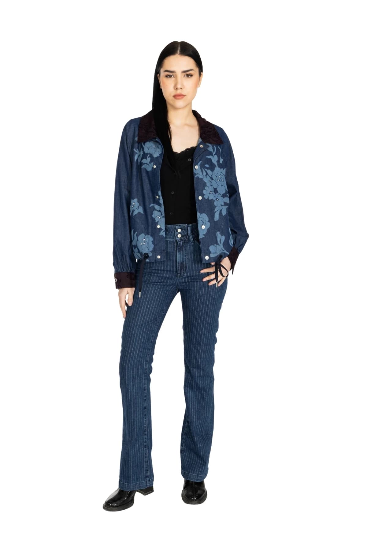 Denim Moon women's navy pinstripe denim trousers with high waist and slight flare, full-length front view on model.