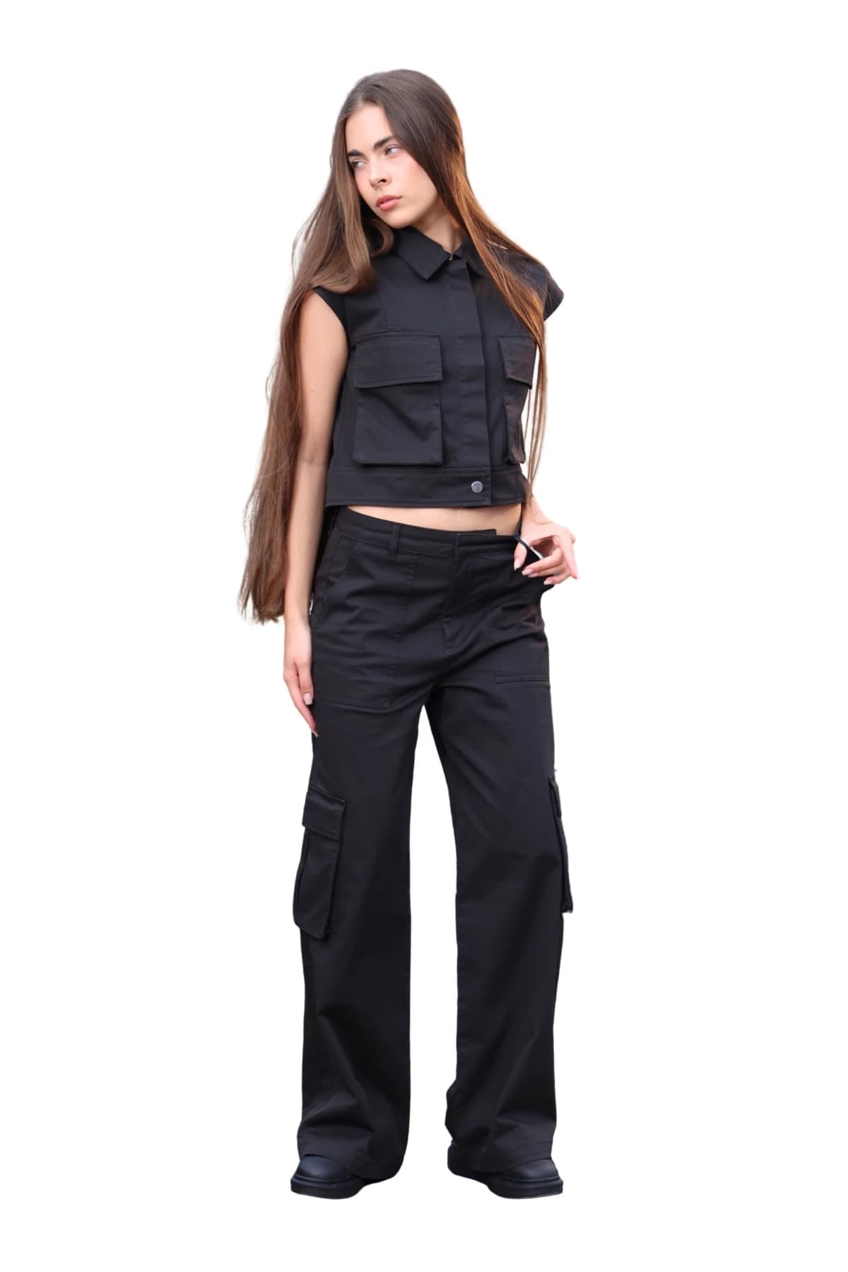 Denim Moon women's black woven cargo trousers with wide legs and side cargo pockets, full-length front view on model.