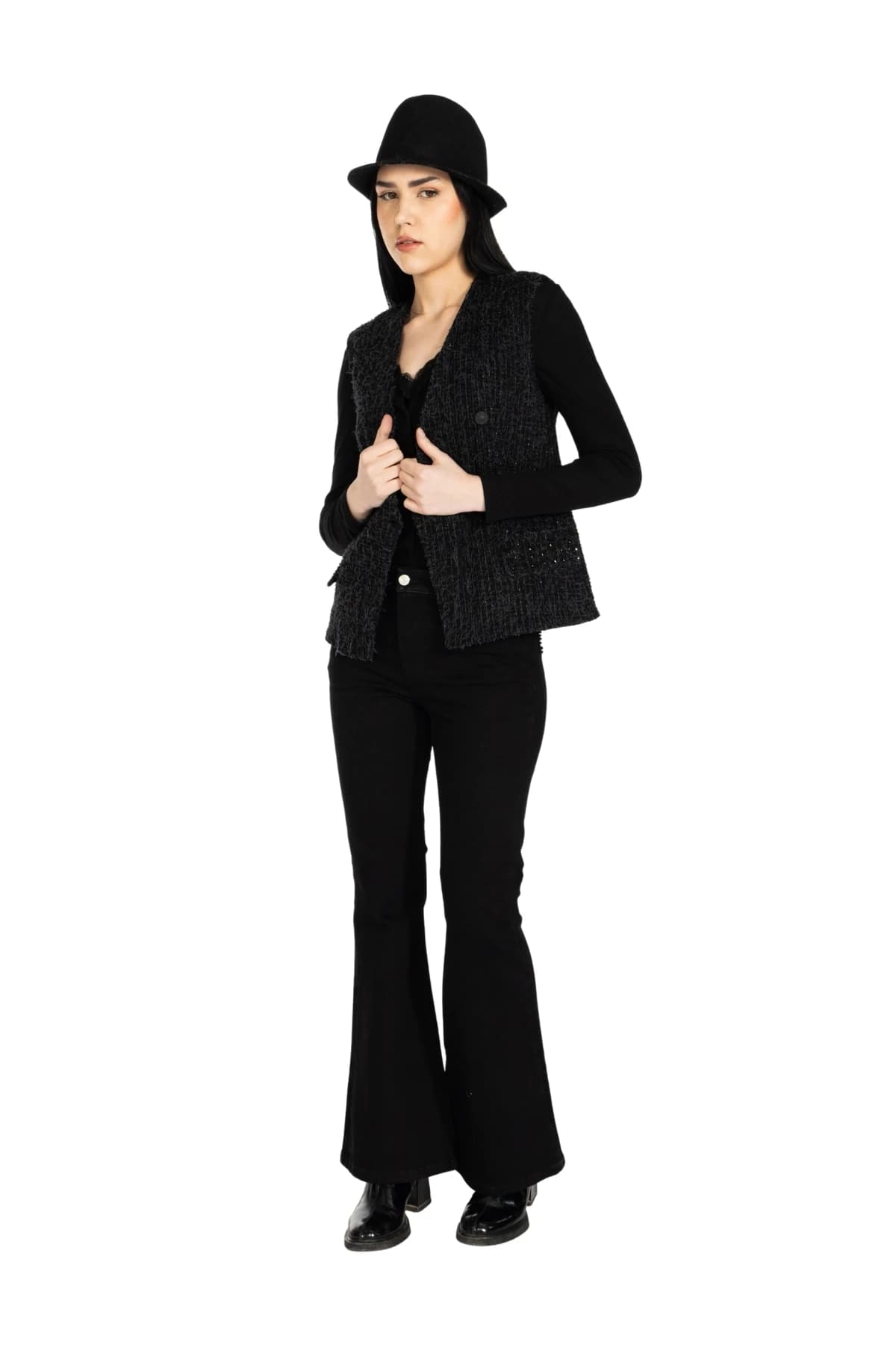Denim Moon women's black flared woven trousers with high waist, full-length front view on model.