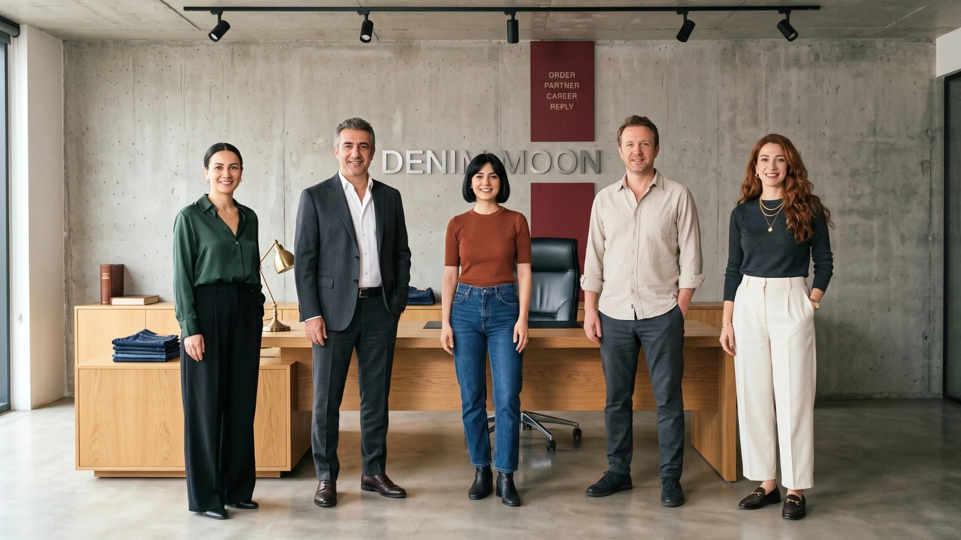 Denim Moon merkezinde yönetim masasının önünde ayakta duran beş departman lideri, arkada beton duvarda marka harfleri.