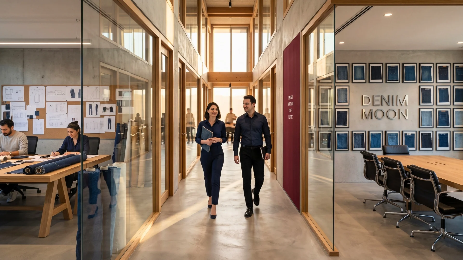Denim Moon corridor with two colleagues walking, a design studio with technical drawings and a framed denim swatch wall.