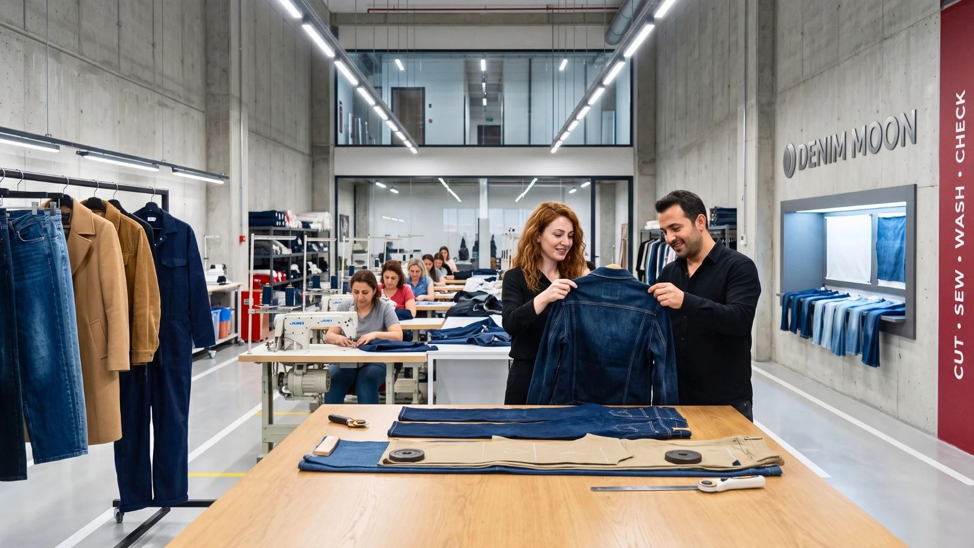 Denim Moon üretim hattında denim ceket kontrol eden iki çalışan, arkada dikiş bandı, sağda yıkama numunesi kartelası.