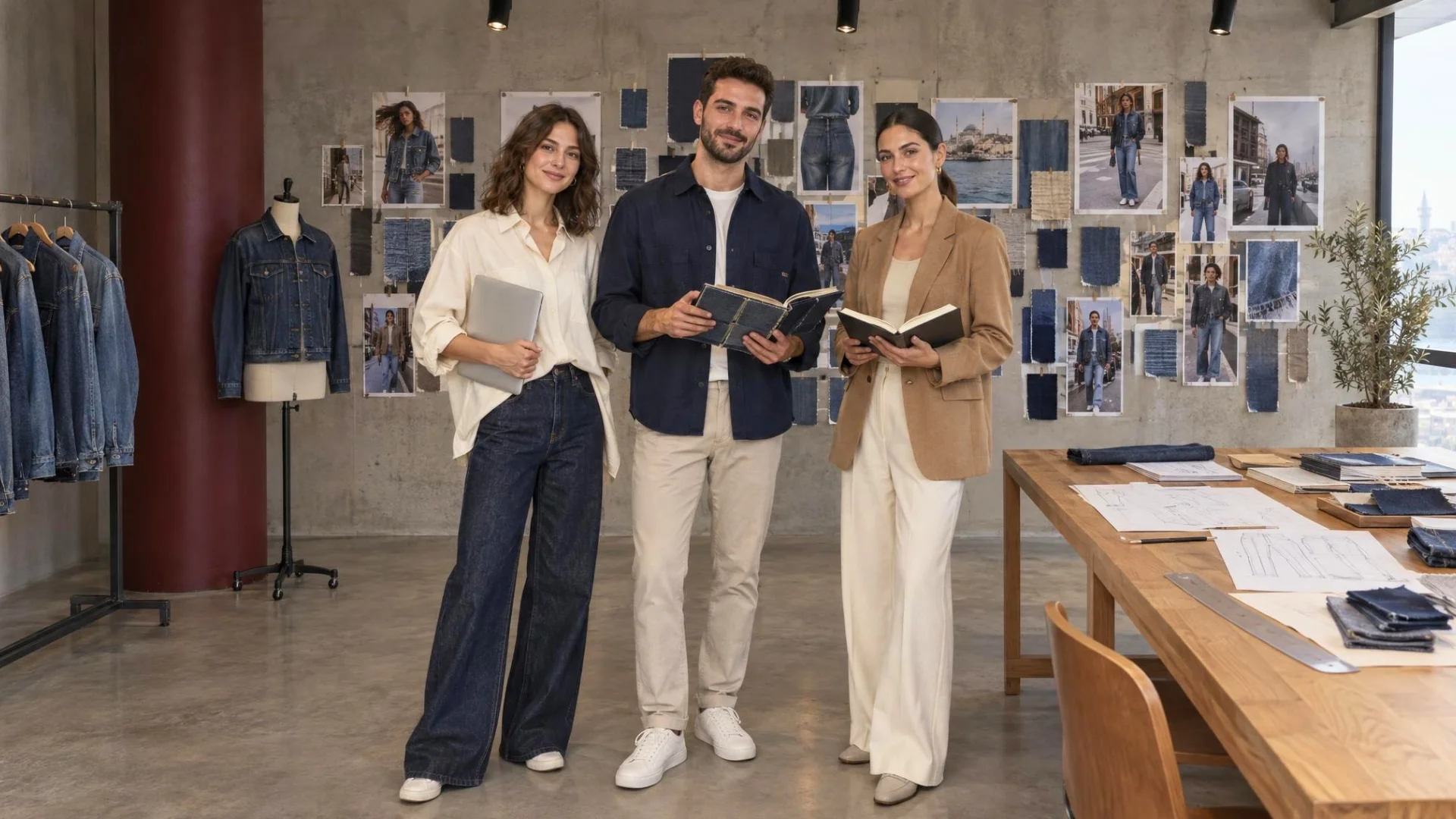 Denim Moon trend stüdyosunda moda çekimi duvarı önünde laptop, kartela kitabı ve defter tutan üç çalışan, sağda kalıp masası.