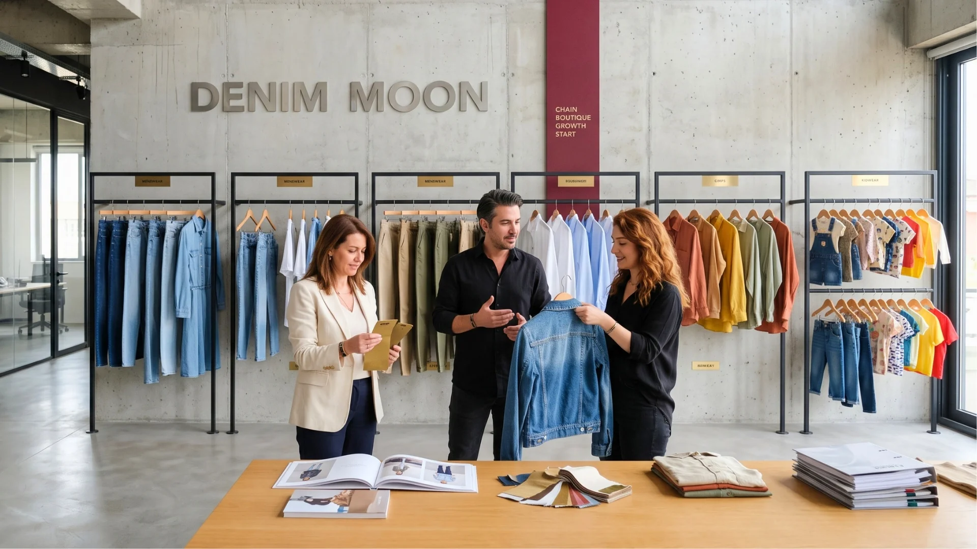 Denim Moon showroomunda alıcıya denim ceket sunan iki çalışan, arkada kadın, erkek ve çocuk koleksiyon askıları.